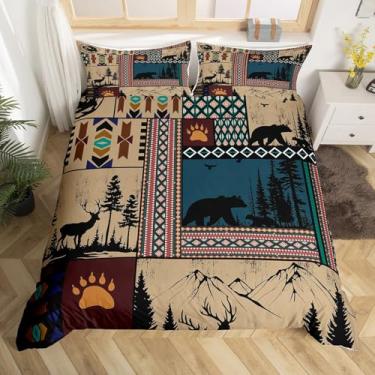 Imagem de jejeloiu Jogo de cama infantil, urso, veado, tamanho king, animal selvagem, para decoração de quarto de meninos e meninas, cabana rústica, campo, oeste, fazenda, caça, sudoeste, 3 peças, sem edredom