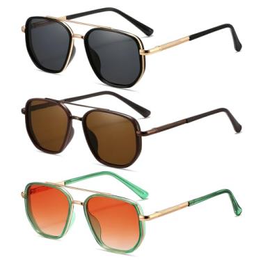 Imagem de MASDUN Óculos de sol aviador polarizados para mulheres, armação quadrada, retrô, óculos de sol com proteção UV400 (pacote com 3), Ouro/preto + marrom café + dourado/verde claro/rosa