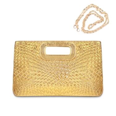 Imagem de Long Keeper Bolsas de mão de palha com alça superior, bolsas para noite de tecido, bolsa de praia de verão, bolsa de ombro transversal com corrente, Dourado