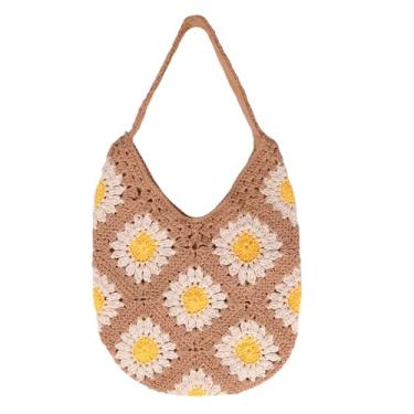 Imagem de IBEE Sacola de praia de crochê para mulheres, bolsa de ombro de malha de verão, linda bolsa de praia de malha para vocação, Marrom claro-girassol, One Size