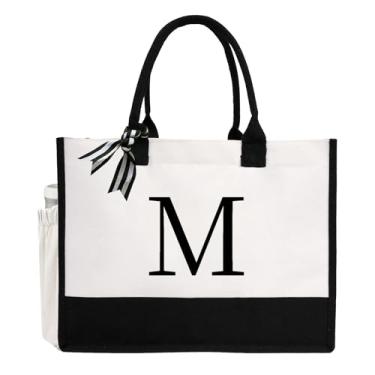 Imagem de XIGGA Sacola de lona com letras da lnitial, adequada como presente personalizado para mulheres, lembrança de casamento, presente de dia das mães - média, Branco - M, Medium