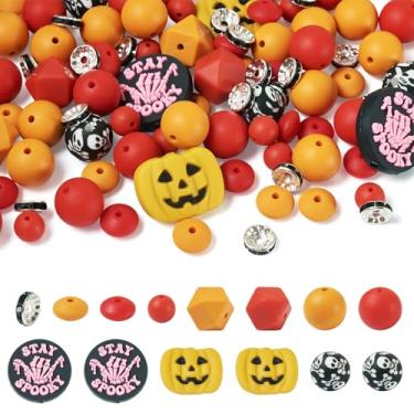 Imagem de Spritewelry 92 peças de contas de silicone para Halloween sortidas laranja vermelho Halloween abóbora fantasma preto contas de caveira Rondelle strass espaçador para chaveiro, colar, pulseira