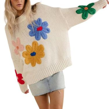 Imagem de Suéter feminino Aedceal, malha floral, manga comprida, gola redonda, b