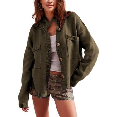 Imagem de Suéter Cardigan Antnation de manga comprida para mulheres verde escuro