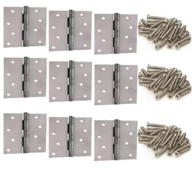 Imagem de Kit 9 Dobradiças Inox Escovado 4 Polegadas E 72 Parafusos Porta Madeir