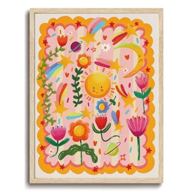 Imagem de KISSFOX Arte de parede caprichosa sol lua estrelas floral arte de parede bonito de madeira de carvalho celestial arte de parede quadro de flores coloridas decoração de parede boho arco-íris impressões