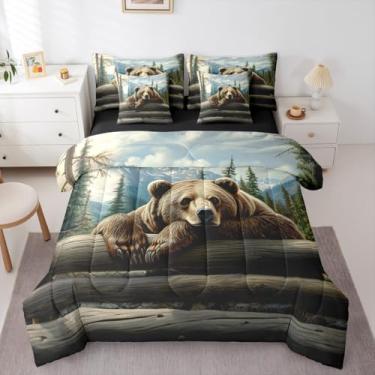 Imagem de Erosebridal Conjunto de edredom de 7 peças, tamanho king, animais selvagens, floresta, natureza, floresta, para crianças, meninos, meninas, cabana rústica, urso, marrom, montanha, caça, vida selvagem