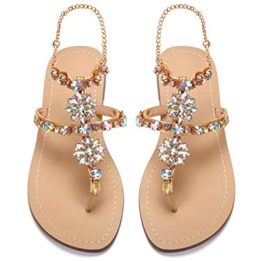 Imagem de Sandálias femininas gladiadora planas de strass PU Azmodo sandálias de casamento cor prata, Apricot, 6.5-7