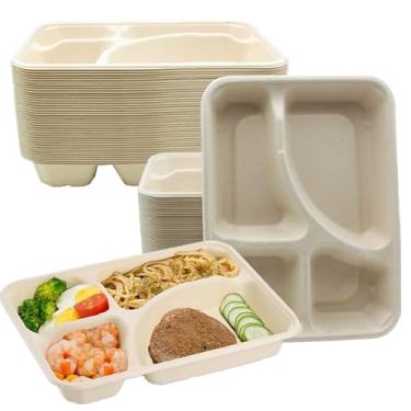 Imagem de HningBuyox Pacote com 50 pratos de papel compostáveis, placa de compartimento resistente para cana de açúcar, bandeja dividida segura para micro-ondas para adultos, para preparação de refeições