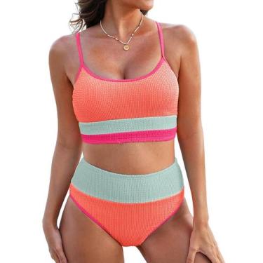Imagem de Conjunto de biquíni feminino Herseas de cintura alta, colorido, laranj