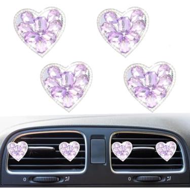 Imagem de Pacote com 4 clipes de ventilação de coração de cristal cintilante, lindos clipes de ventilação de purificadores de ar de carro engraçados, acessórios universais automotivos para mulheres (roxo)