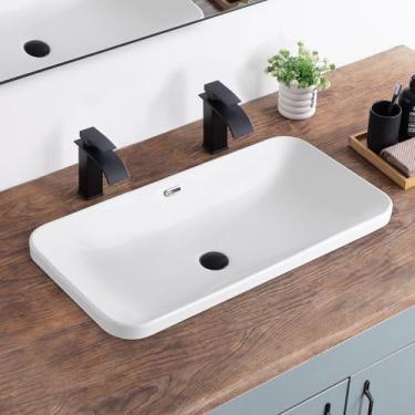 Imagem de KDKSC Pia de vaso de banheiro 80 cm x 42 cm pia de banheiro semi embutida pia de banheiro retangular com transbordamento pia de vaso de cerâmica branca para banheiro pia moderna acima do balcão