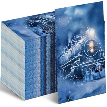 Imagem de Blushtier Pacote com 50 guardanapos de festa de trens de Natal descartáveis em massa Believe guardanapos de papel utensílios de mesa suprimentos de jantar decorações de Natal (21 x 10 cm)
