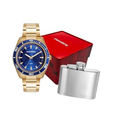 Imagem de Kit Mondaine Relógio Masculino Dourado Fundo Azul com Cantil - 53521GPMVDE4