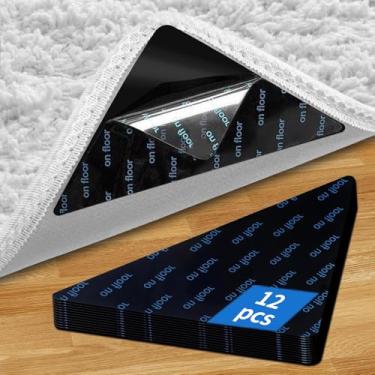 Imagem de 12 peças de pegadores para tapetes, almofadas antiderrapantes para pisos e azulejos de madeira, fita reutilizável para tapetes de área, adesivo de dupla face, almofada aderente, mantenha os cantos