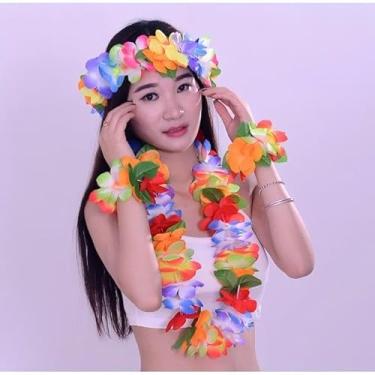 Imagem de Conjunto de 4 peças de flores falsas havaianas, faixa de cabeça e pulseira de guirlanda de flores tropicais para festa de Luau, lembrancinhas temáticas de praia, acessórios de fantasia