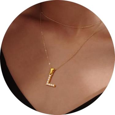 Imagem de Colar feminino com inicial CZ em camadas, pingente delicado de letra A a Z, joia banhada a ouro de corrente dupla, presente personalizado, 14+2in/16+2in, Aço inoxidável, Sem Pedra Preciosa