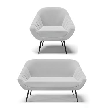 Imagem de Kit 01 Namoradeira 02 Lugares e 01 Poltrona Giovana Suede Cinza Pés Palito de Ferro - D'Rossi