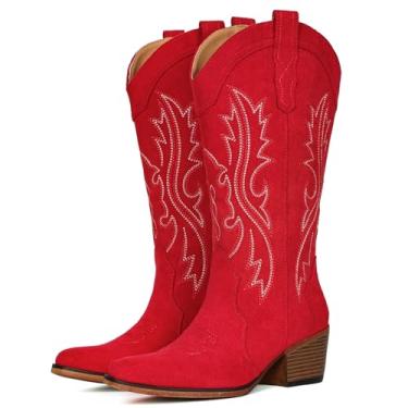 Imagem de IUV Botas de cowboy femininas Western Cowgirl com salto grosso, bico curto, ideal para peito do peito baixo, Camurça vermelha, 42