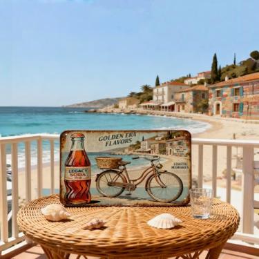 Imagem de 1 peça placa de lata retrô vintage 1938 Legacy garrafa de refrigerante bicicleta litoral pôr do sol Bay Resort decoração de parede - Golden Era Flavors Nostálgico Home Bar Cafe pôster, azul, 30 x 15