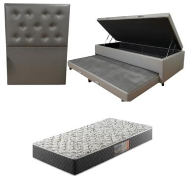 Imagem de Cama Box Baú Solteiro com Auxiliar (Bicama) + Colchão de Espuma D33 17cm | Kit Completo com Cabeceira Botonê Opcional | Diversas Cores (3, CORINO CINZA, COM CABECEIRA)