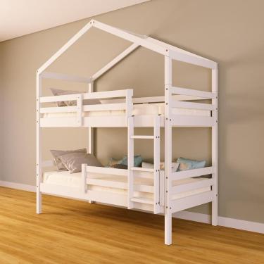 Imagem de Beliche Solteiro Casinha com Grade Proteção Madeira Maciça Branco Megamobilia