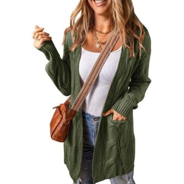 Imagem de Suéter cardigã SHEWIN de grandes dimensões tricotado verde para mulher