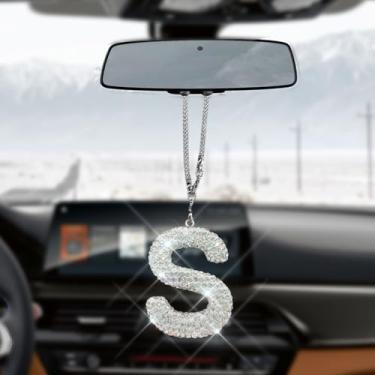 Imagem de HQRNYP Pingente de letra de carro brilhante, acessórios para pendurar espelho de carro, ornamento de espelho retrovisor, pingente de cristal fofo, enfeite feminino de strass de diamante da sorte para