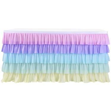 Imagem de Saia de mesa de tule fofa de 1,8 m de chiffon, design de bolo multicolorido, saia tutu de 76 cm de altura para decorações de festa, serve para mesas redondas e retangulares
