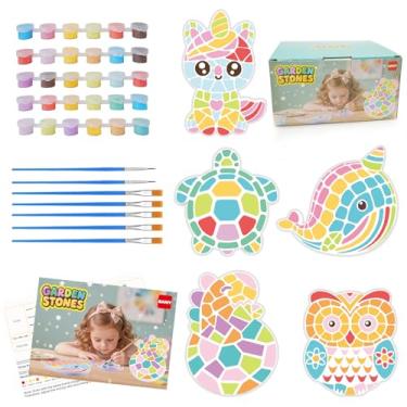 Imagem de QANIY Kit de pintura Stepping Stones para crianças de 4 a 12 anos, pacote com 5, artesanato em pedra de jardim ao ar livre, conjunto de atividades de arte e artesanato, presente criativo para meninos
