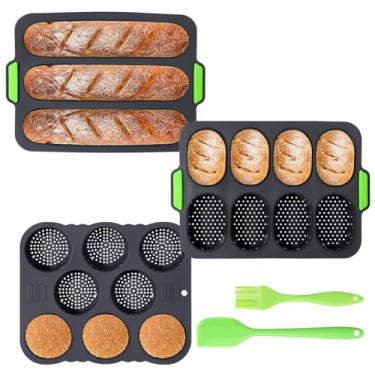 Imagem de Conjunto de moldes de silicone para assar pão francês de 5 peças, inclui forma de 3 grelhas, forma de pão de 8 grelhas, assadeira antiaderente com raspador e escova de óleo para assar em casa