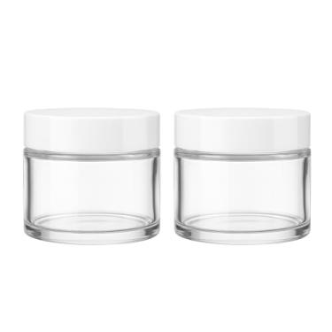 Imagem de 2 frascos de creme de vidro transparente de 60 g com tampa branca, recipiente cosmético reutilizável para creme facial, loção, bálsamo, pomada, cuidados com a pele para viagem e armazenamento de