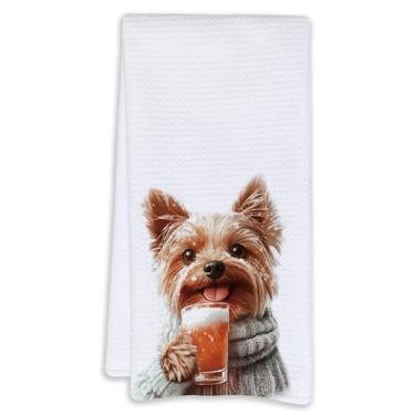 Imagem de Cabana Bro Toalhas de cozinha Yorkie de Natal, presentes engraçados de Natal Yorkshire Terrier para mulheres, toalhas de mão Yorkie para decoração de cozinha, toalha de prato de cães engraçados para