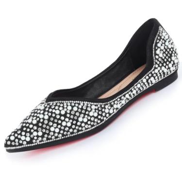 Imagem de YOYOCXH Sapatilhas femininas com strass pontiagudo pérola confortável macio casamento elegante bailarina elegante, Preto, 39
