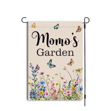 Imagem de Bandeira de jardim Momo's - Bandeira de jardim ao ar livre com flores silvestres e borboletas - Decoração de jardim primavera verão - Dia das Mães - Presente de aniversário para Momo - Dupla face 30 x
