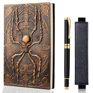 Imagem de FEIDIAO Caderno vintage aranha DND em relevo, diário de viagem de couro PU 3D com caneta esferográfica e manga para caneta, diário A5 de capa dura, diário de capa dura, presente de escrita para homens