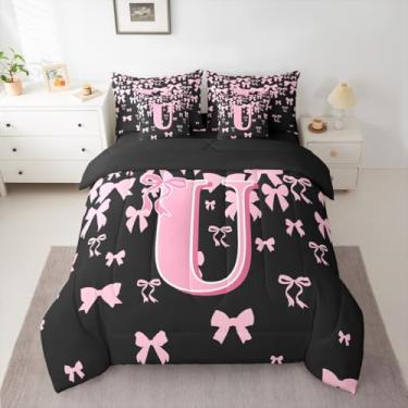 Imagem de jejeloiu Conjunto de edredom com laço fofo, 7 peças, solteiro, letra U, para crianças, meninos, meninas, preto, rosa, coquete, monograma, respirável, macio