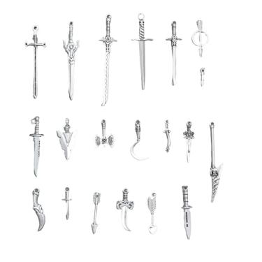 Imagem de Ruwado 20 pingentes de espada de metal, vários estilos, pequenos pingentes vintage para mulheres, faça você mesmo, colar, pulseiras, brincos, chaveiro, suprimentos de Natal (prata antiga)