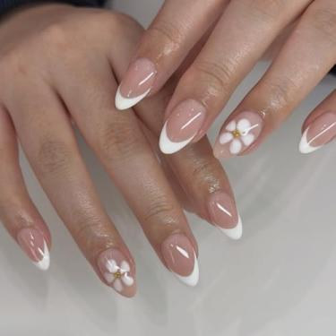 Imagem de Unhas postiças curtas médias amêndoas francesas brancas com flor simples Desien cola acrílica artificial cobertura completa para unhas para mulheres, manicure, 24 peças