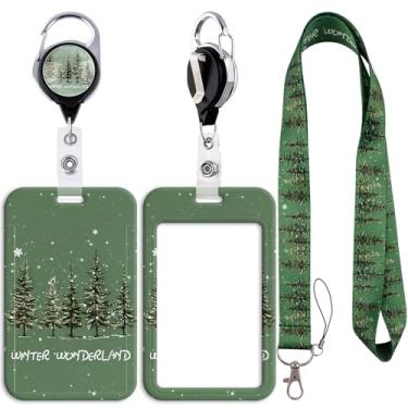 Imagem de Cordão de inverno para crachás de identificação, suporte de crachá verde sálvia com clipe retrátil de carretel para chaveiro com suporte de identidade, protetor de cartão de nome vertical para