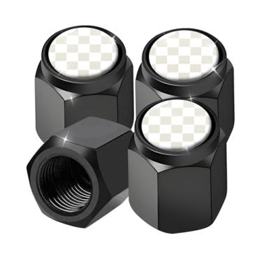 Imagem de 4 peças de tampas universais de haste de válvula de pneu de alumínio, poeira durável e corrosão, capas à prova de prova para carros, caminhões, bicicletas, motocicletas (xadrez branco bege xadrez)
