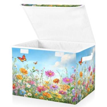 Imagem de Blueangle Caixas de armazenamento dobráveis 1 pacote, cestas de armazenamento de flores silvestres com tampas e alça para casa quarto armário escritório (142)