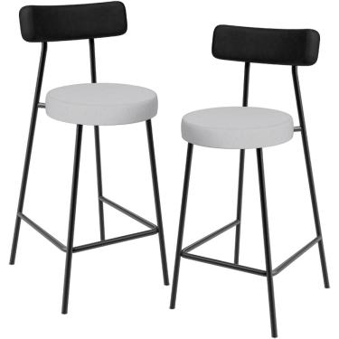 Imagem de Kit 02 Banquetas Baixa Bar Cozinha Sala Jantar Milão L02 Couríssimo Preto Linho Cinza - Lyam Decor