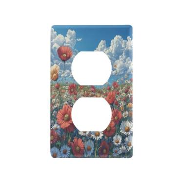 Imagem de Blueangle Placa de parede de tomada dupla de flores silvestres coloridas, tamanho padrão, placas de cobertura de tomada elétrica de 1 gangue para decoração de quarto de escritório em casa, 4,53 x 2,76