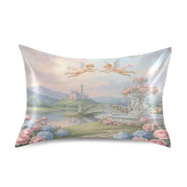 Imagem de SEHANY Lindas capas de almofada de seda Angel Cupid para cabelo e pele, capas de almofada de cetim respiráveis macias e refrescantes com fecho de envelope, tamanho king (50,8 x 101,6 cm)
