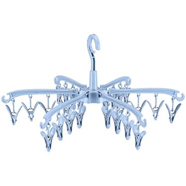 Imagem de Escorredor de roupas dobrável com 24 clipes, clipe de plástico rotativo e cabide de secagem por gotejamento, cabide de roupa íntima portátil para toalhas, roupas íntimas, lingerie, meias (azul)