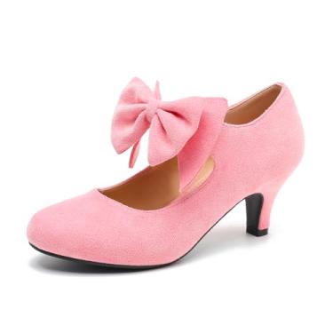 Imagem de omthaka Sapato feminino com laço baixo salto gatinho Mary Jane bico redondo tira no tornozelo confortável festa elegante sapatos, rosa, 35