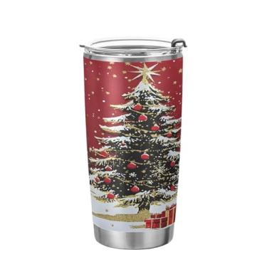 Imagem de YETTASBIN Copo de árvore de Natal com tampa de palha, copo de aço inoxidável de 590 ml, parede dupla, isolada a vácuo, caneca de café de viagem para bebidas quentes e frias