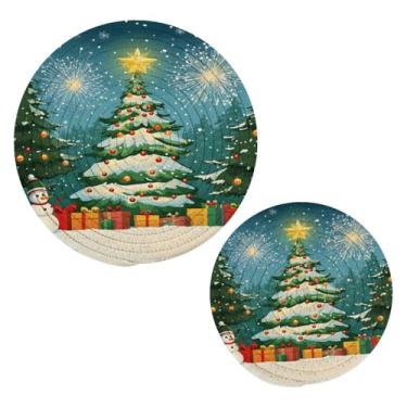 Imagem de Wassud Conjunto de trivet de Natal com fogos de artifício para pratos quentes, suportes redondos de algodão, almofadas quentes, porta-copos elegantes, decoração de cozinha e acessórios, 2 peças