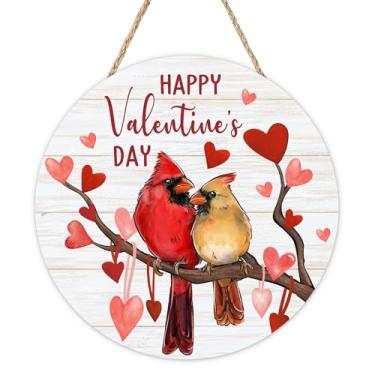 Imagem de Bolisom Feliz Dia dos Namorados, placa de porta da frente cardeal, pássaros vermelhos, amor, coração, cabide de madeira, varanda, decoração de casa, casa de fazenda, aniversário de casamento